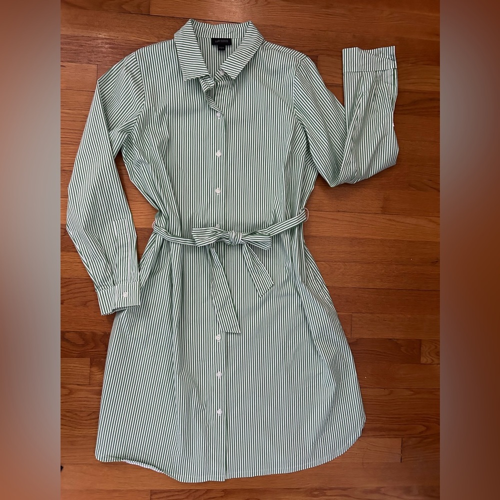 J. Jill Collection Green and White Striped Belted Shirt Dress Like NEW!